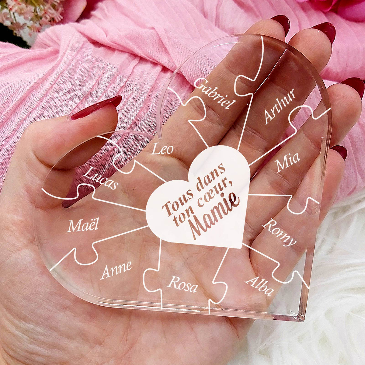 Tous dans ton cœur, mamie - Puzzle cœur en plexiglas