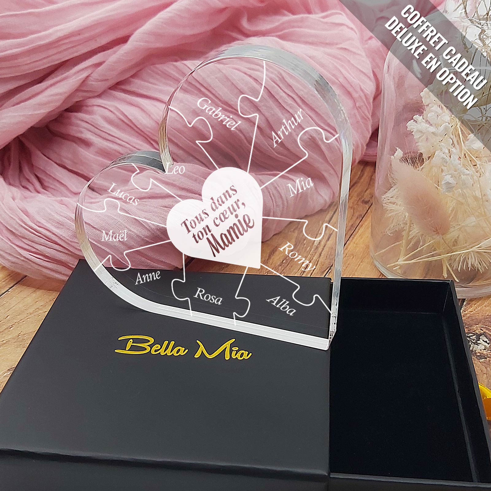 Tous dans ton cœur, mamie - Puzzle cœur en plexiglas