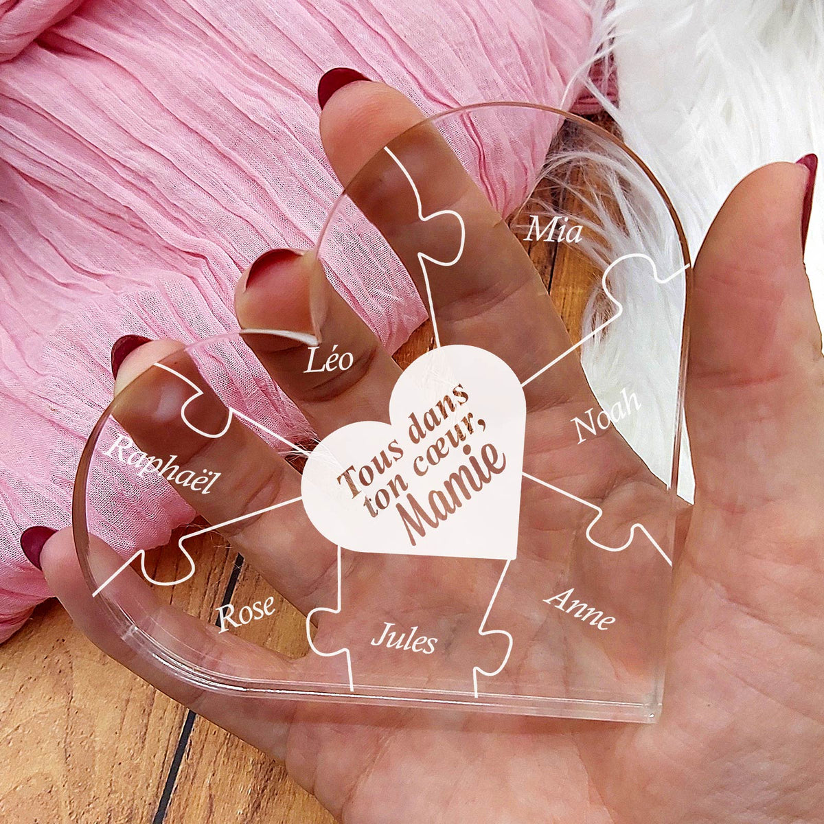 Tous dans ton cœur, mamie - Puzzle cœur en plexiglas